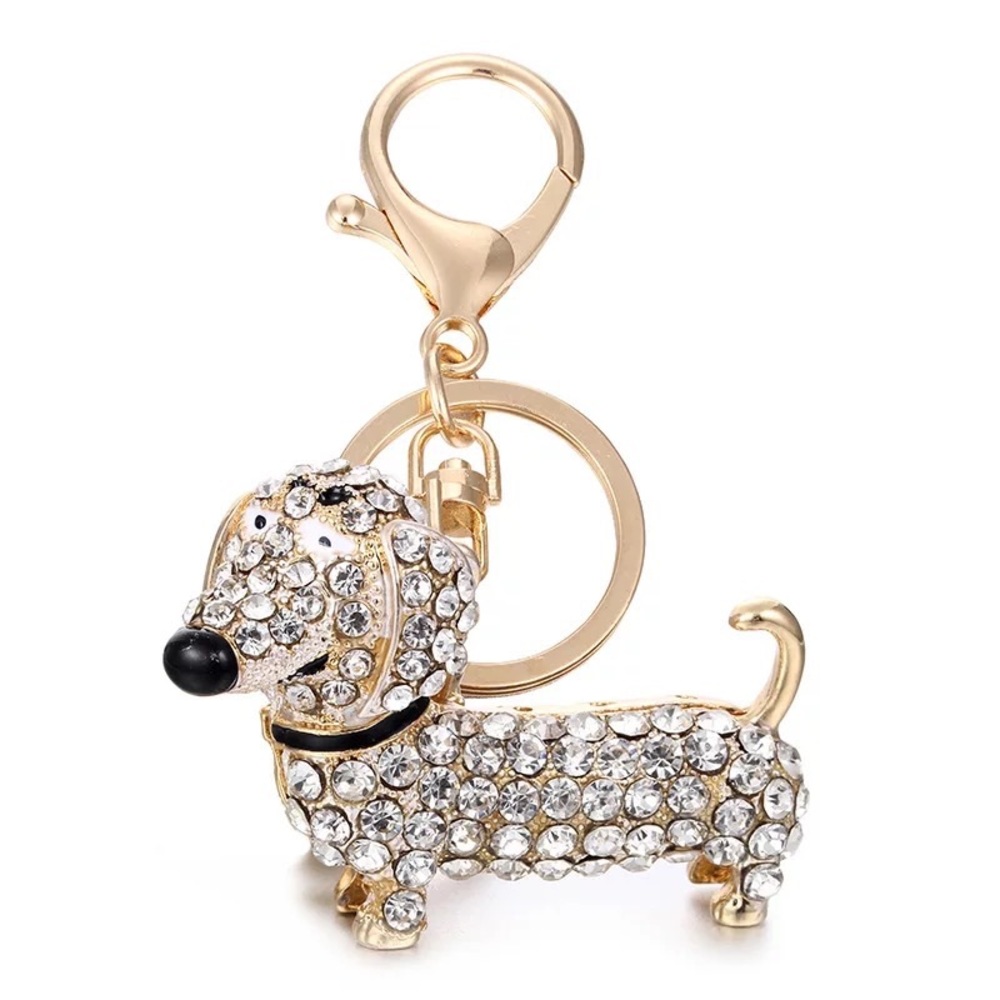 Silver Crystal Hot Dog Puppy Keychain Charm - Picture 2 of 14